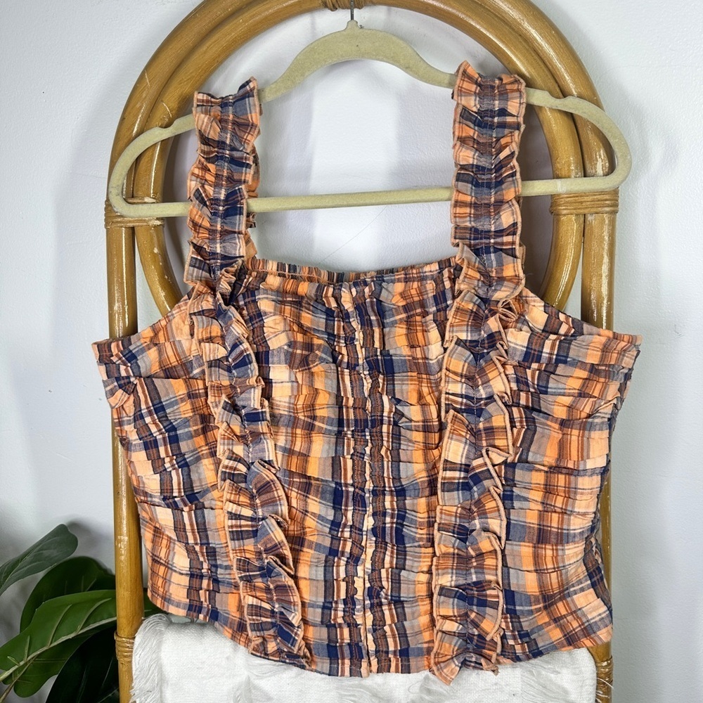 NWT Anthropologie Verb Orange and Blue Plaid Ruche Blouse sz L